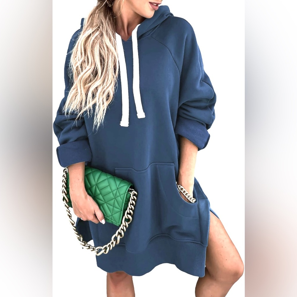 NWT Women’s Pretty Garden, Blue Hoodie Dress with Kangaroo Pocket, Size Medium